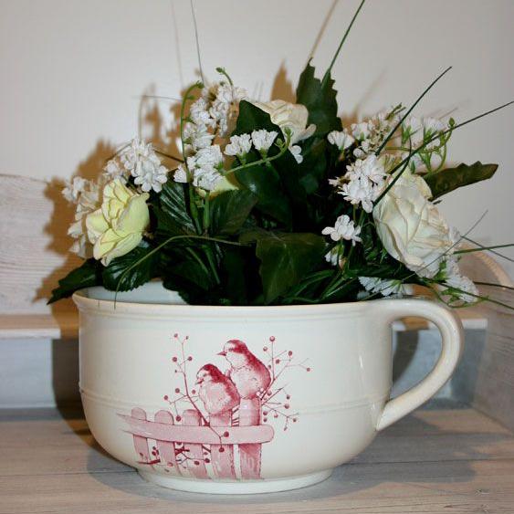 Nachttopf Häfi Hafen Porzellan Steingut Jugendstil mit Vogeldekor