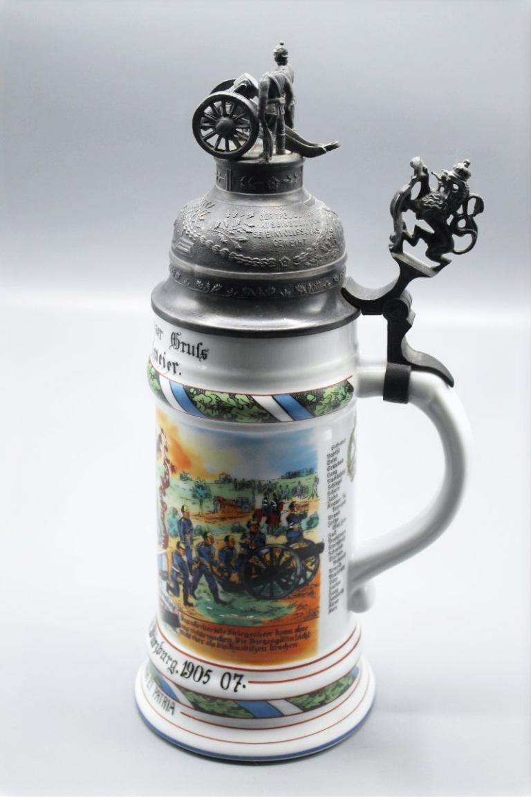 Humpen Bierkrug mit Lithografie im Stand