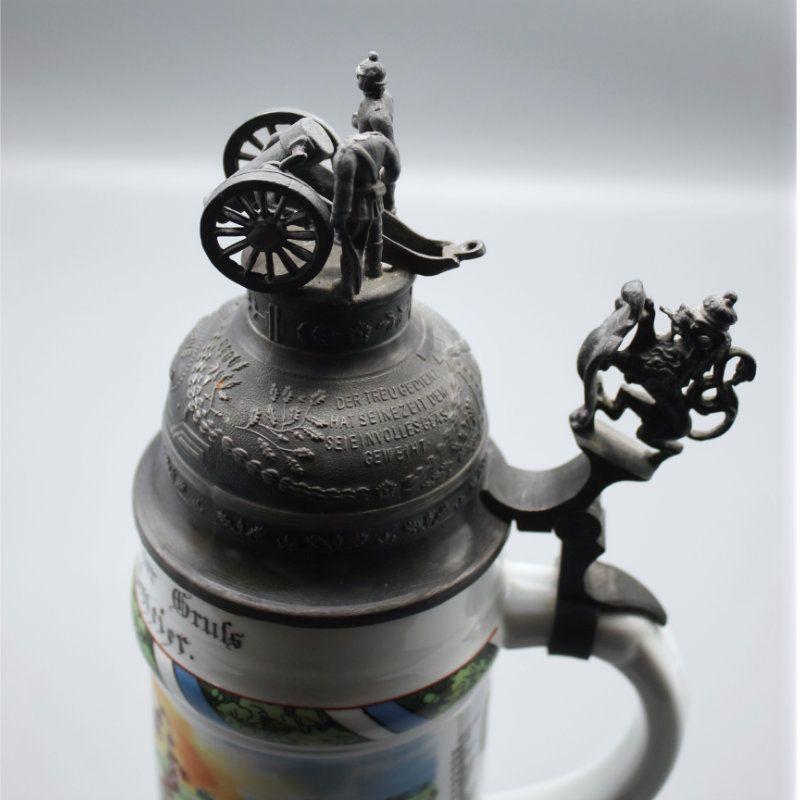 Humpen Bierkrug mit Lithografie im Stand