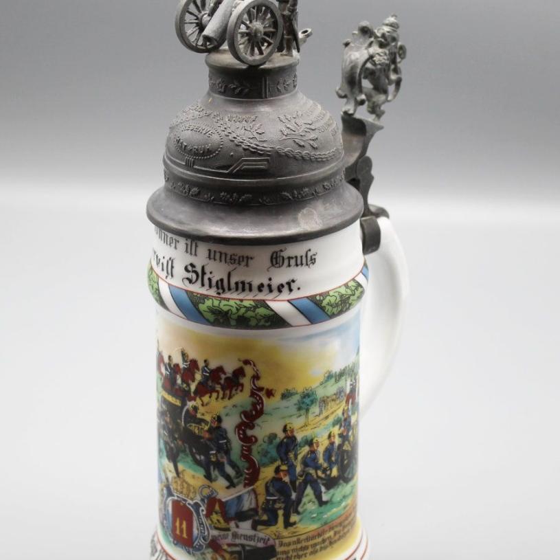 Humpen Bierkrug mit Lithografie im Stand